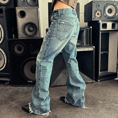 Y2K Harajuku jeans Vintage Wash distressed men women wide leg pants American hip hop Streetwear light blue Casual Baggy Trousers