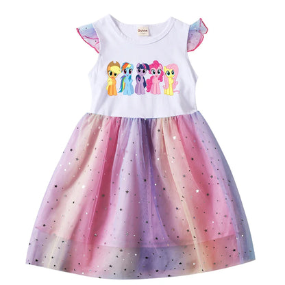 My Little Pony Baby Girls Dress Children Cartoon Mesh Star Sequins Princess Dress Kids Flying Sleeve Skirt For Daily Gift