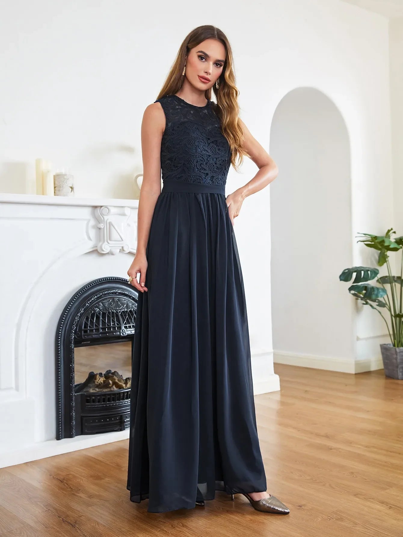 Hot Sale Lace A Line Prom Dress 2024 New Style Evening Dress Chiffon Back Illusion Bridsmaid Dress Pleat vestidos de fiesta