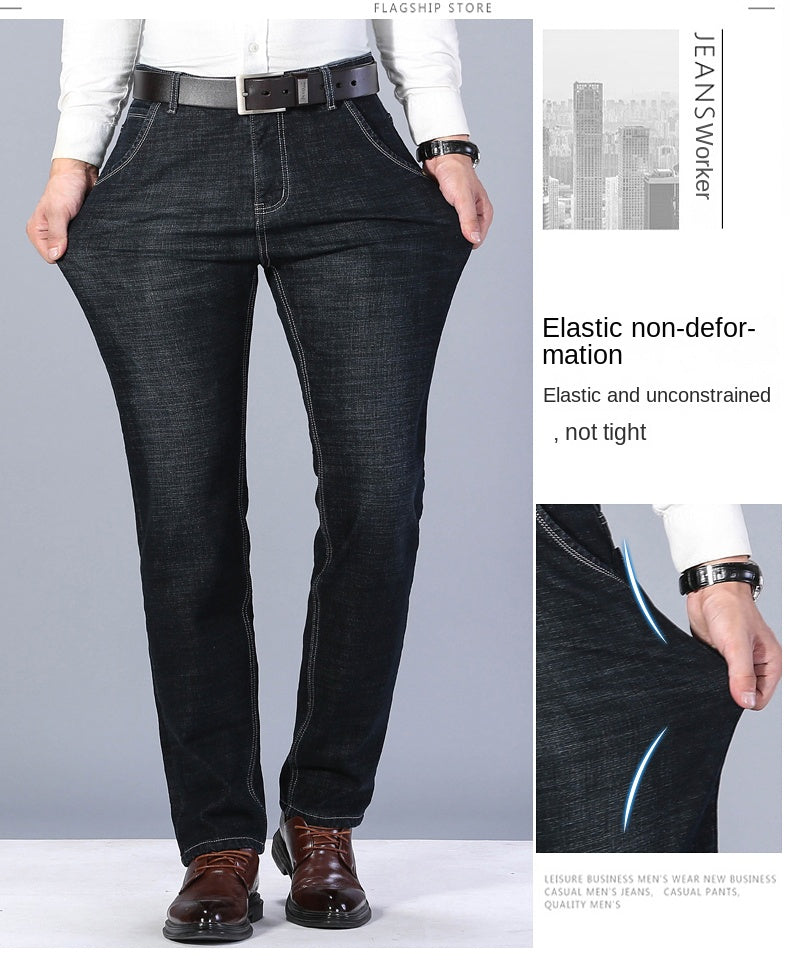 2023 Winter Men Black Blue Straight Stretch Denim Thick Velvet Pants Warm Jeans Casual Fleece Line Trousers Male Plus Size