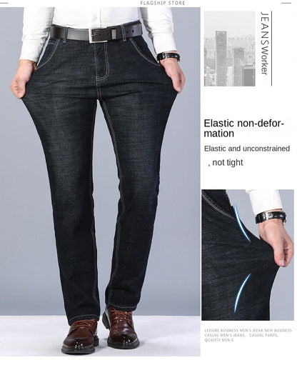 2023 Winter Men Black Blue Straight Stretch Denim Thick Velvet Pants Warm Jeans Casual Fleece Line Trousers Male Plus Size