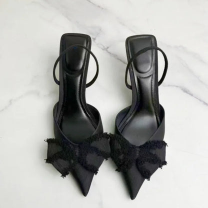 2025 Summer Women Slingback Shoes Black Bow Decoration Pointed Toe High Heels Formal Business Stiletto Female Party Sandals