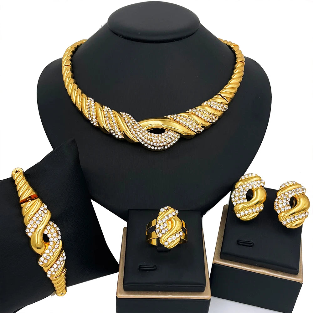 4 Pcs Wedding Jewelry Set Fine Zircon Necklace Bracelet Earring Ring For African Dubai Gold Plated Jewellery Accessories