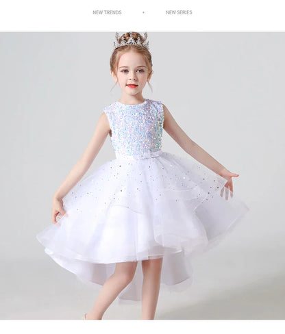 Summer Sequin Lace Tuxedo Wedding Dress for girls 3-13 years old Sleeveless fluffy Mesh gauze Doveark brand