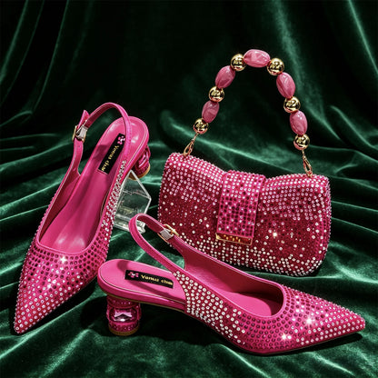 New Itlian Design Blue Color Rhinestone High Heel Shoe And Bag Fashion Style Pointed-Toe Shoes For COMFORT INCLUDED Women Shoes