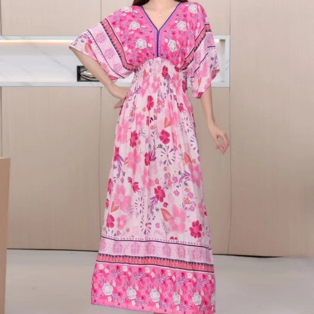 Flower V-neck Elastic Youthful Bohemian Sweet Midi Dress Woman Clothes Chic Fashion Summer Dresses 2025 Large Swing Ski
