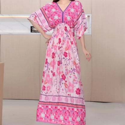 Flower V-neck Elastic Youthful Bohemian Sweet Midi Dress Woman Clothes Chic Fashion Summer Dresses 2025 Large Swing Ski