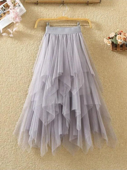 Women Sweet  Midi Spring And Summer High Waist Solid Asymmetrical Elegant Chic White Mesh Tulle Skirts Faldas
