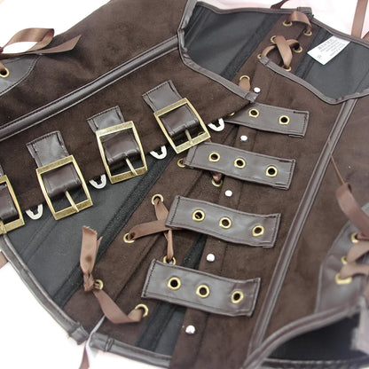Brown Suede Corset Top with PU Leather Gothic Steampunk Bustier Lace Up Slim Waist Shapewear Women Halloween Cosplay Costume