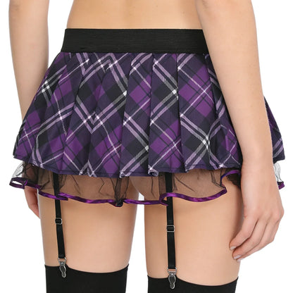 Women's Miniskirt with Garters Schoolgirl Cosplay Costume Plaid Layer with Tulle Lining Elastic Waistband Short Skirt Clubwear
