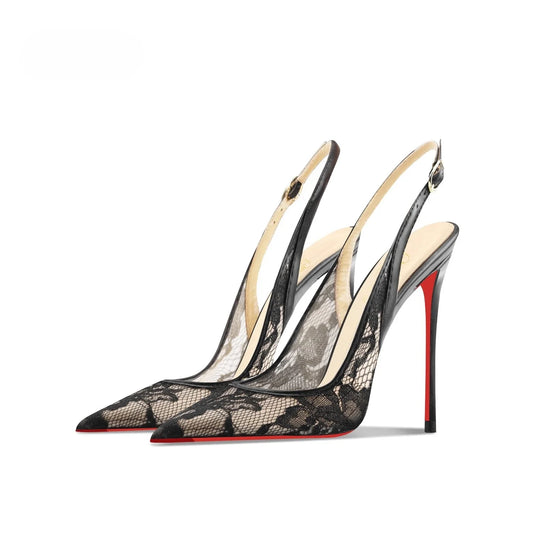 Black lace high-heeled sandals with pointed toes, thin heels, and shallow mouth, comfortable to wear with just one foot