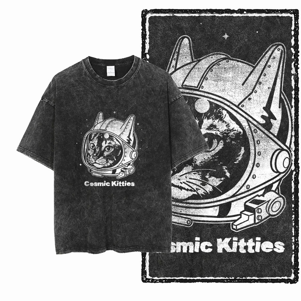 cat Printed Cotton Acid Washed Exclusive Graphic Unisex T Shirt Cool Streetwear Men Tshirts Big Size Tee for men