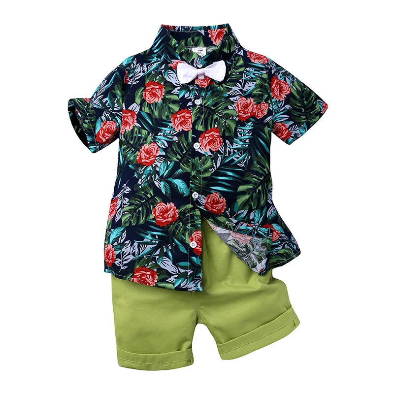 2026 Gentleman  Kids Boys Party Clothing Set Print Hawaii Style Short Sleeve Shirt +Short Pants Formal Suit Seaside Outfits 2Pcs
