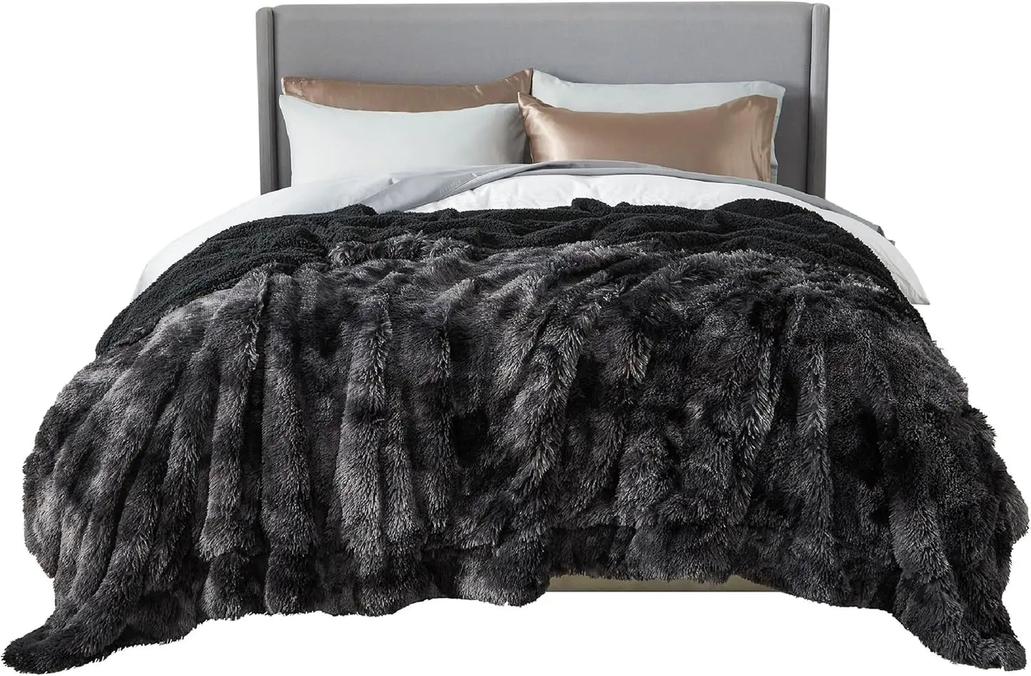 King Size Fluffy Tie Dye Black Blanket, Thick Sherpa Faux Fur Fleece Bedding for Winter Warmth, Cozy Gift 108x90