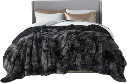King Size Fluffy Tie Dye Black Blanket, Thick Sherpa Faux Fur Fleece Bedding for Winter Warmth, Cozy Gift 108x90