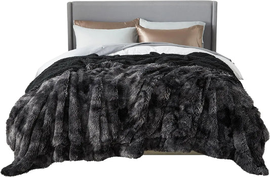 King Size Fluffy Tie Dye Black Blanket, Thick Sherpa Faux Fur Fleece Bedding for Winter Warmth, Cozy Gift 108x90