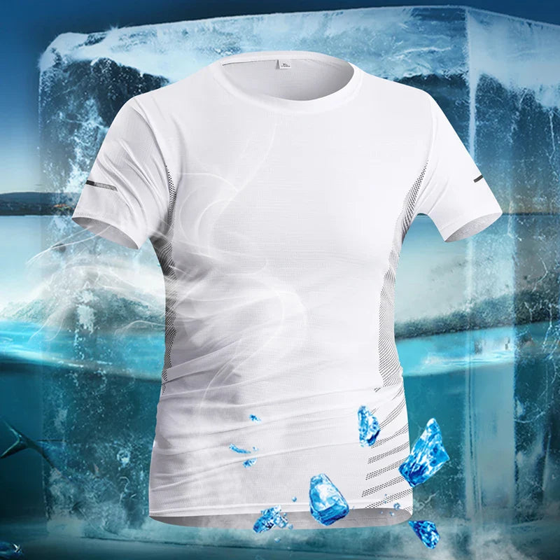 Camiseta de Corrida Masculina Verão Seda Gelo Fina Top Impressão Refletiva Secagem Rápida Manga Curta Respirável Fitness Esportiva Camiseta 5GG