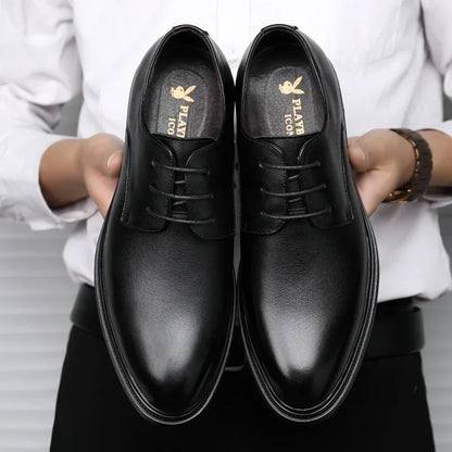 Men's Formal Business Shoes British Style Pointed Young Casual Shoes Thick Bottom Genuine Leather Increase Height Wedding Shoes