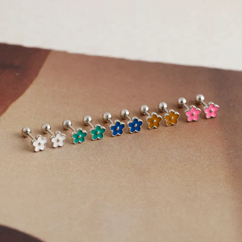 925 Sterling Silver Romantic White Enamel Flower Screw Bead Stud Earrings for Women Fashion Simple Piercing Jewelry Gift