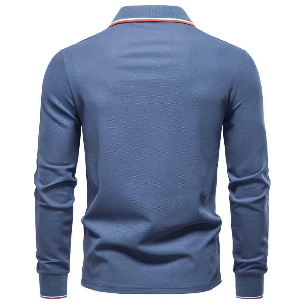 Men's Henley Neck Polo Shirt Cotton Solid Color Long Sleeve Autumn Winter Premium Luxury Mens Top