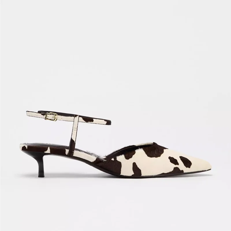 Women Sandals Genuine Leather Summer Women Mid heels Horse Leather Leopard Print Women Sandals Large Size Pointed Toe