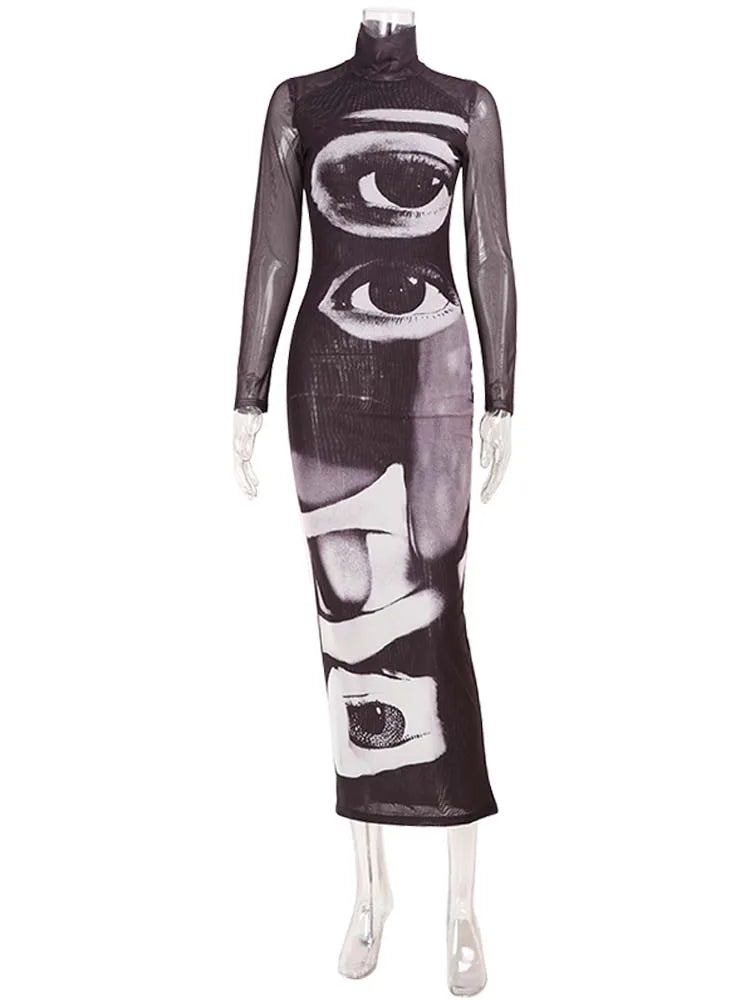 Fashion Women's Maxi Dresses Printed Turtleneck Regular Long Sleeves Sheath Slim Fit Eyes Causal Streetwear Vestidos
