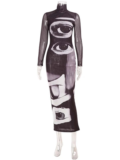 Fashion Women's Maxi Dresses Printed Turtleneck Regular Long Sleeves Sheath Slim Fit Eyes Causal Streetwear Vestidos