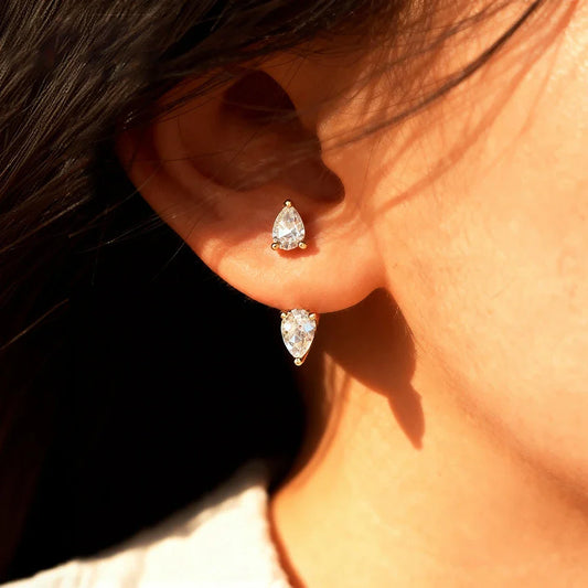 2-Stone Pear Cut Moissanite Diamond Earrings for Women 925 Sterling Silver Plated 18k Gold Waterdrop Earcuff Earring Detachable