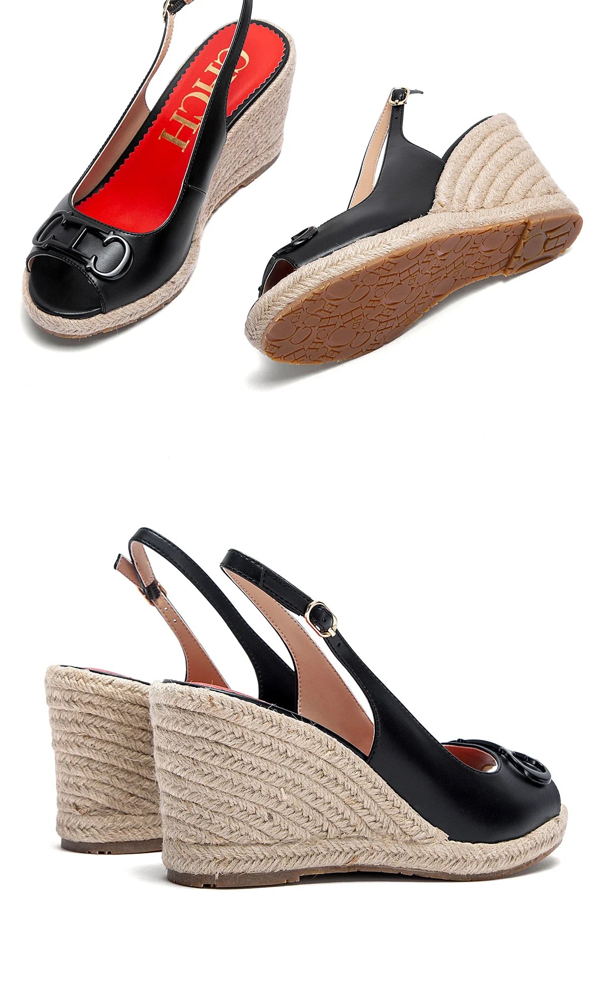 sandals summer women's casual shoes Gold INITIALS INSIGNIA PU LEATHER WEDGES Luxury brand wedge shoeses