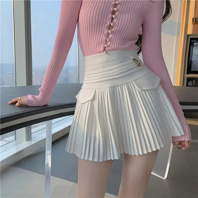 Fashions White Pleated Skirt Women High Waist Skater Skirt Female Korean A-Line High Fashion Casual Short Skirt Women Bottoms
