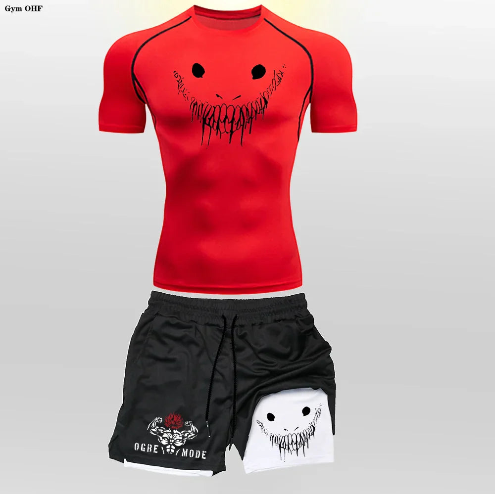 Funny Face 2 in 1 Shorts T Shirt Suits Men's Fitness Breathable Second Skin Compression Shirts Sets Gym Double Deck Shorts