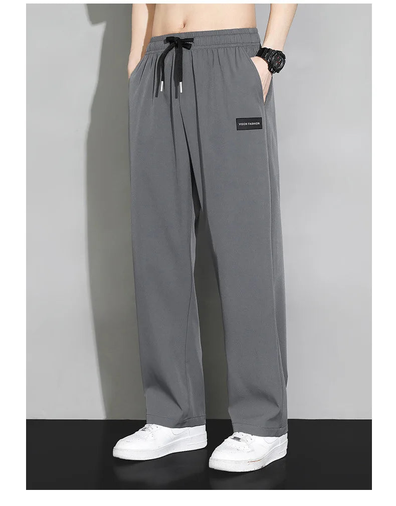Men Drawstring Casual Pants Loose Drape Wide-leg Athleisure Pants Men Summer Thin Quick-drying Trousers Ice Silk Straight Pants