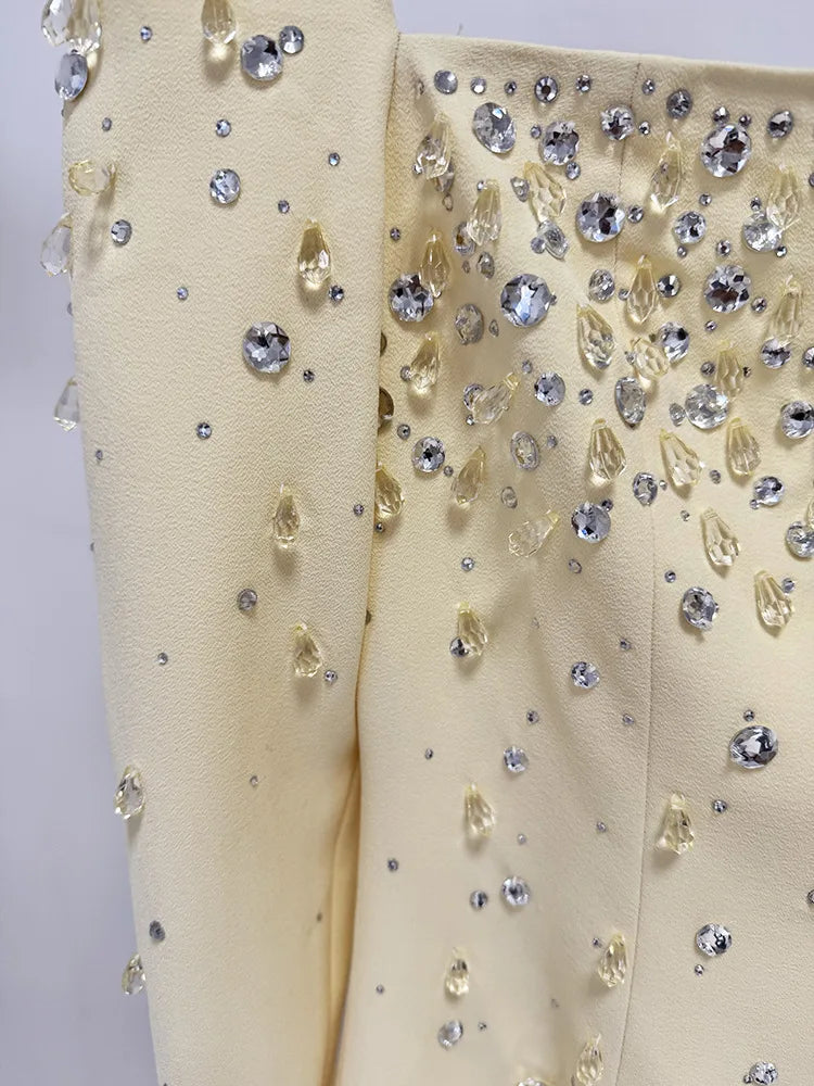 Newest Fashion 2026 Designer Vestido Women's Square Collar Beading Diamonds Long Sleeve Maxi Dress