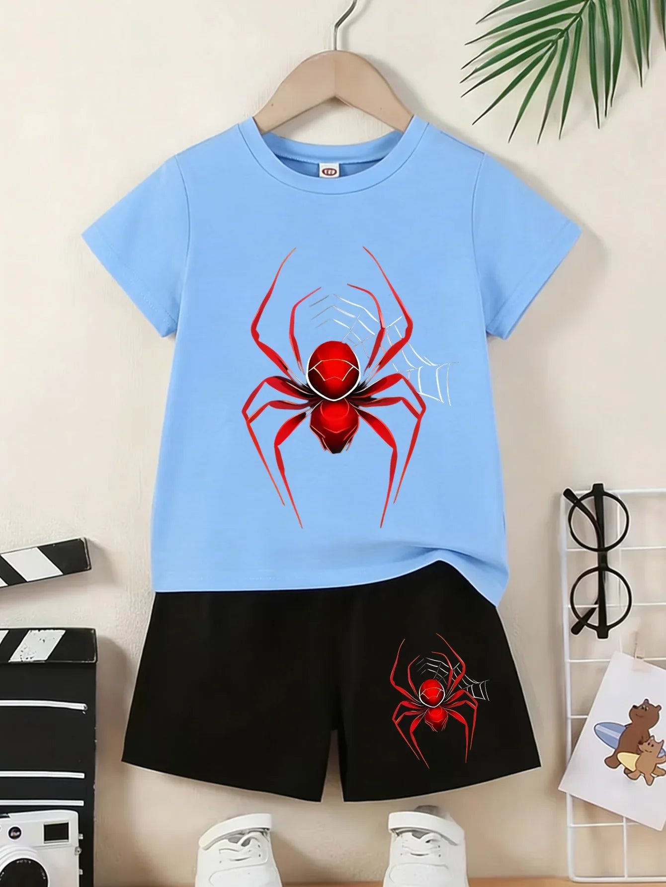 Children's Summer Set - Short-Sleeved Shorts Spider Print T-Shirt. Perfect Daily Wear Versatile Occasions. Ideal Birthday Gift