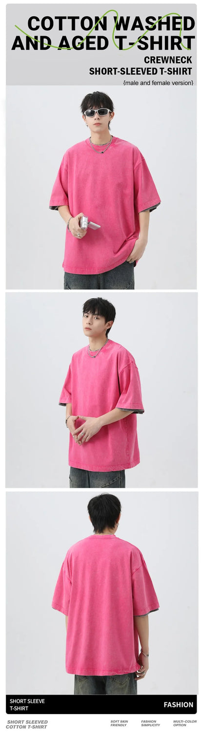 America California City Letter Washed T-Shirts Mens Oversized Cotton T Shirt Summer Short Sleeve O-Neck Tops Casual Male Tees