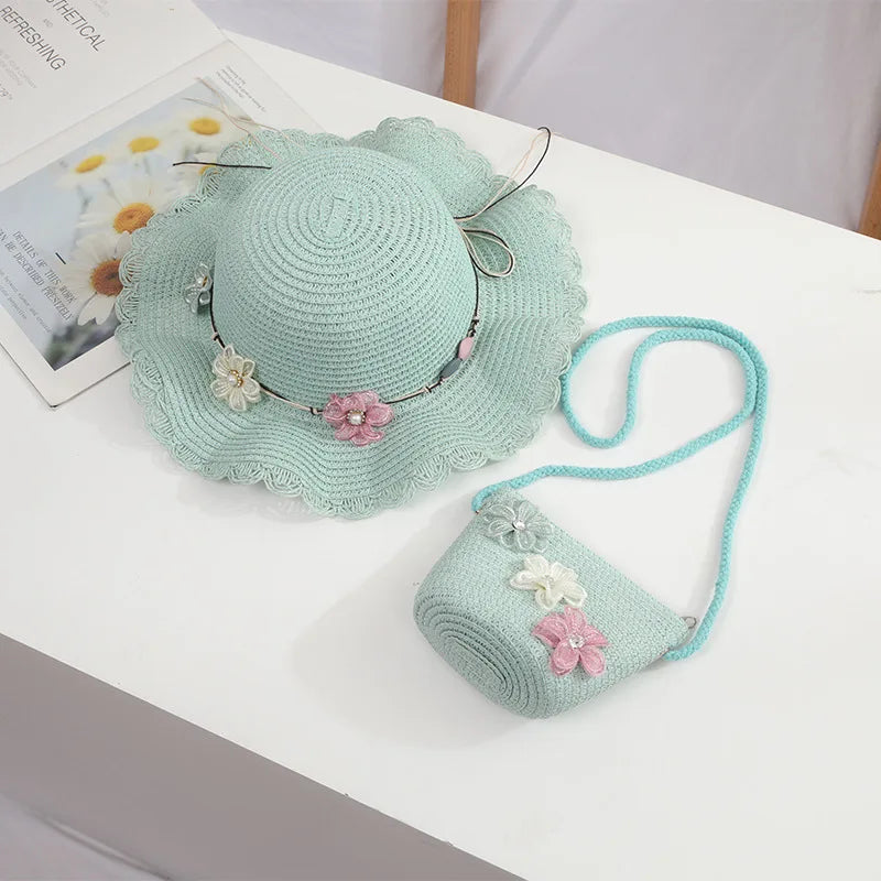 little girls summer straw sun hats and straw shoulder bags