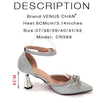Ladies Pointed-Toe Party High Heels Magenta Colour Bow Rhinestone Stereo Bag Evening  African Wedding Shoe And Bag Set