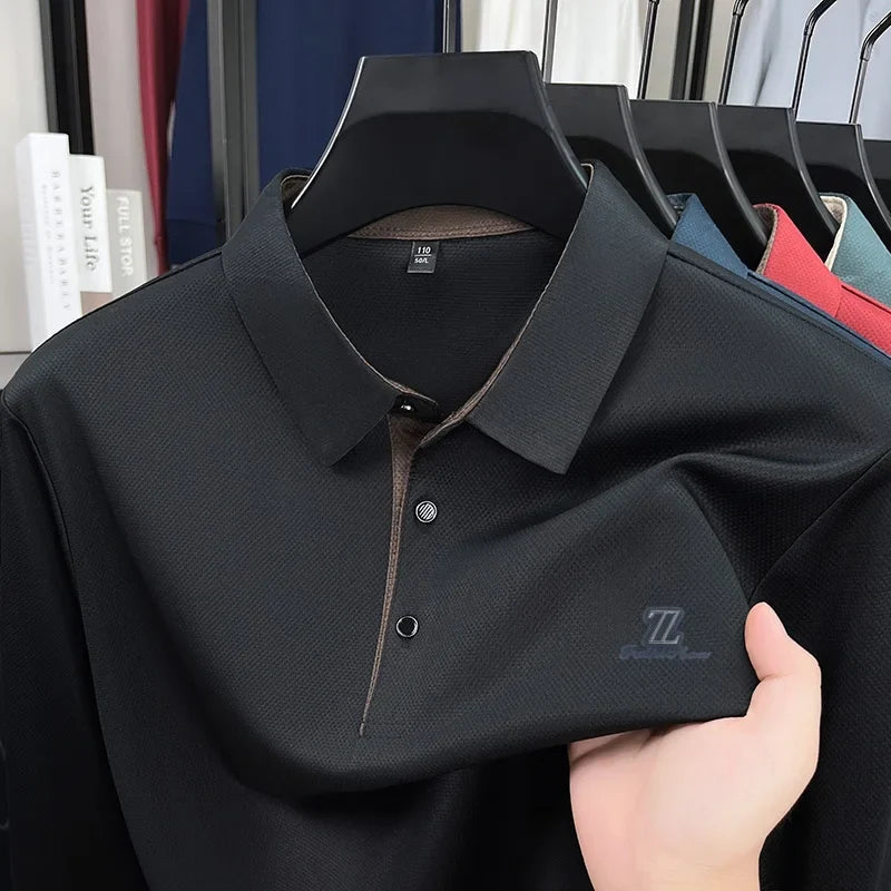 Men's High End Brand Print Solid Color Lapel Polo Shirt Autumn New Skin Friendly Long Sleeved T-shirt Fashion Versatile Menswear