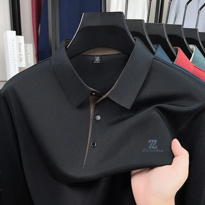 Men's High End Brand Print Solid Color Lapel Polo Shirt Autumn New Skin Friendly Long Sleeved T-shirt Fashion Versatile Menswear