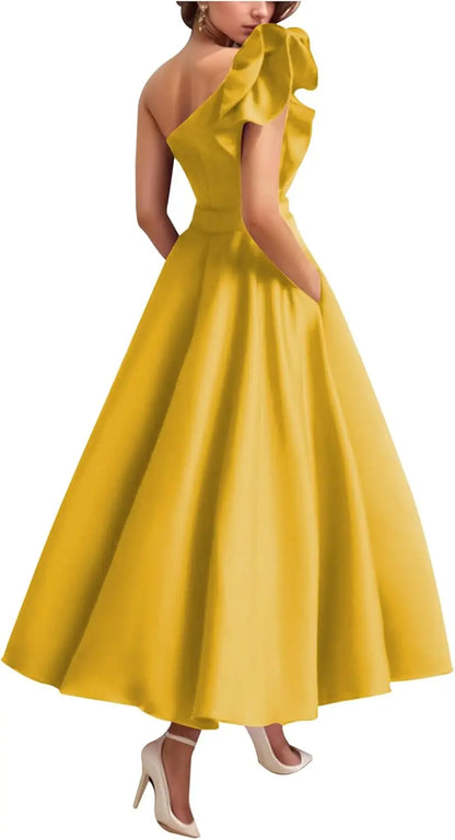 Women's One Shoulder Elegant Evening Dress with Pockets Satin Tea Length A Line Formal Wedding Guest Dress Prom Dresses