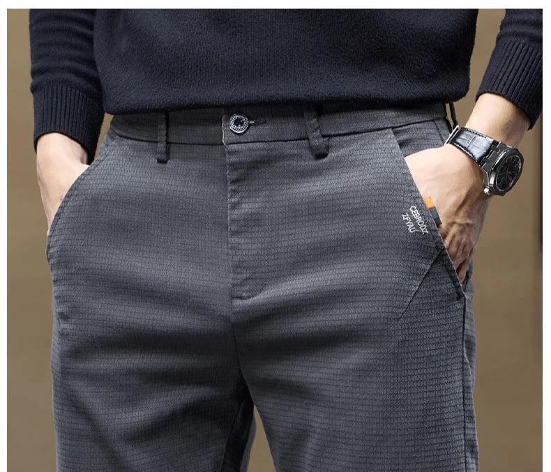 Winter Thicken Men's Solid Slim Straight Casual Pants Business Classic Fleece Trousers Male Warm Plaid Elasticity Pants