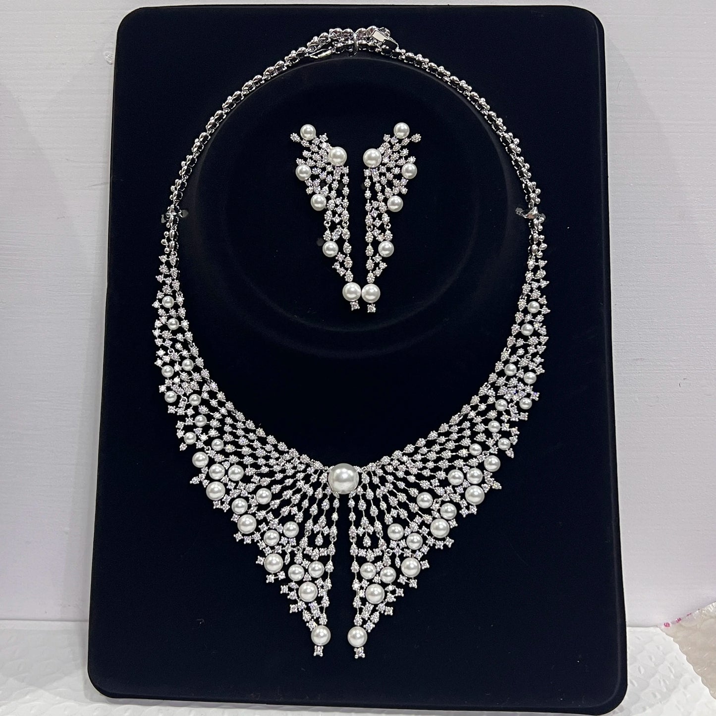 Luxury Cubic Zirconia 2pcs Pearl Necklacе Nigeria Dubai Bridal Wedding Jewellery Sets For Women Party  Accessories