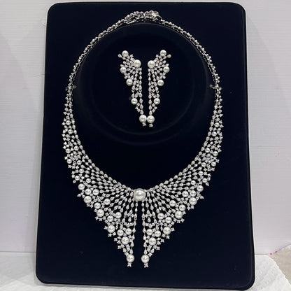 Luxury Cubic Zirconia 2pcs Pearl Necklacе Nigeria Dubai Bridal Wedding Jewellery Sets For Women Party  Accessories
