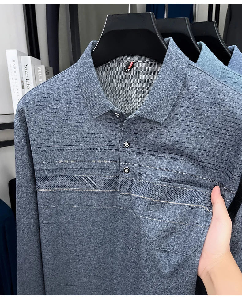 High quality striped printed long sleeve polo shirt men's fashion light luxury pocket autumn new business casual lapel T-shirt