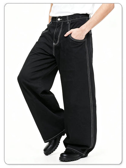 Spring Summer Men's Retro Black Baggy Wide Leg Jeans American Basic Unisex Daily Casual Denim Pants Women's Black Stacked Jeans