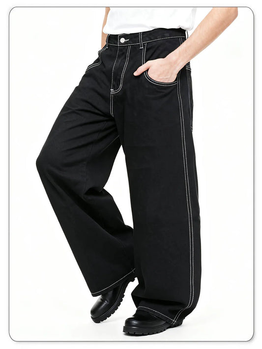Spring Summer Men's Retro Black Baggy Wide Leg Jeans American Basic Unisex Daily Casual Denim Pants Women's Black Stacked Jeans