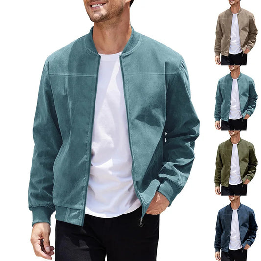 Suede Solid Color Zipper Jacket Casual Vintage Long Sleeve Cardigan Jacket Men
