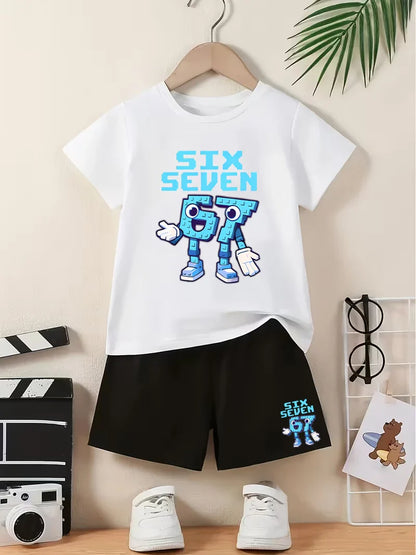 Six Seven Number 67 Summer Set, Cartoon Robot Print T-Shirt + Shorts 2-Piece Outfit For Boys And Girls