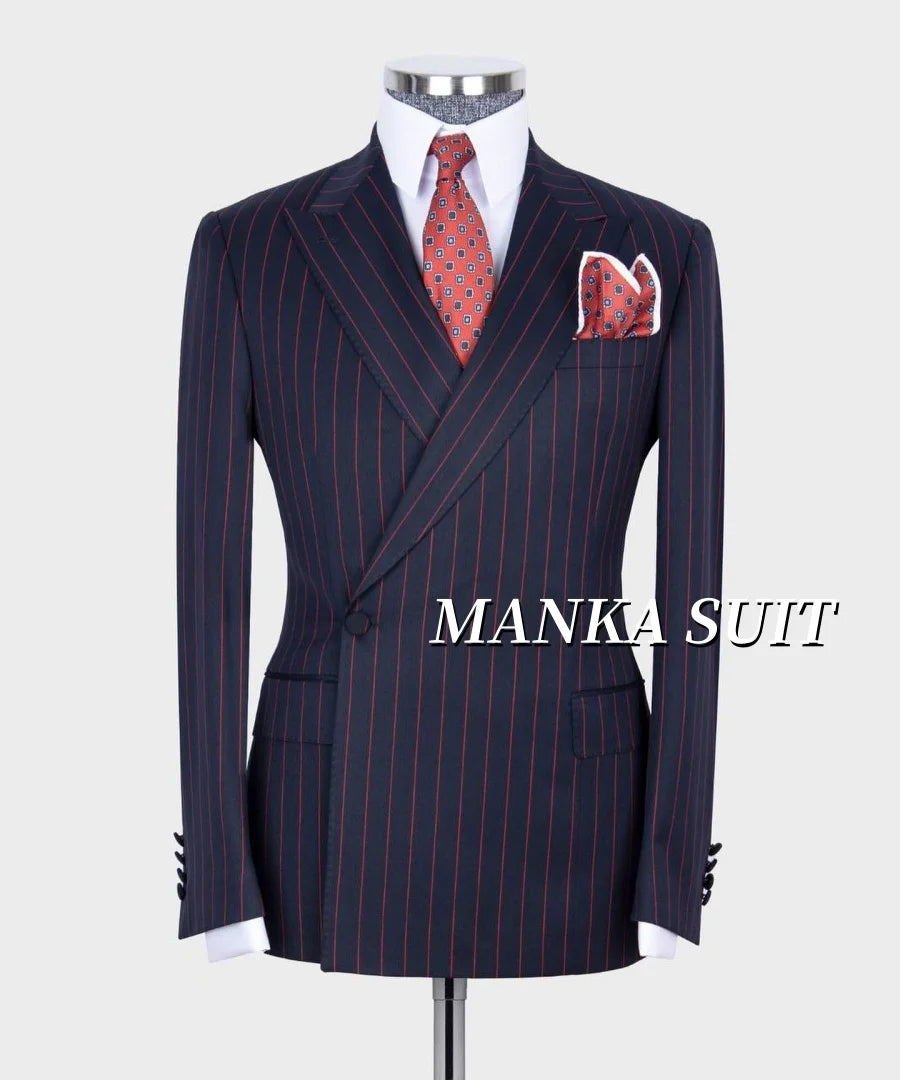 Peak Lapel Navy Blue Red Stripe Smart Casual Suits for Men Double Breasted Jacket Pants Formal Party Business Office  Man Suits