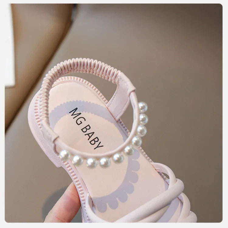 Girl Sandals Summer Children Princess Causal Pearl Beach Shoes Fashion Open-toe Kids Flat Sandals Solid Color Versatile Slip-on